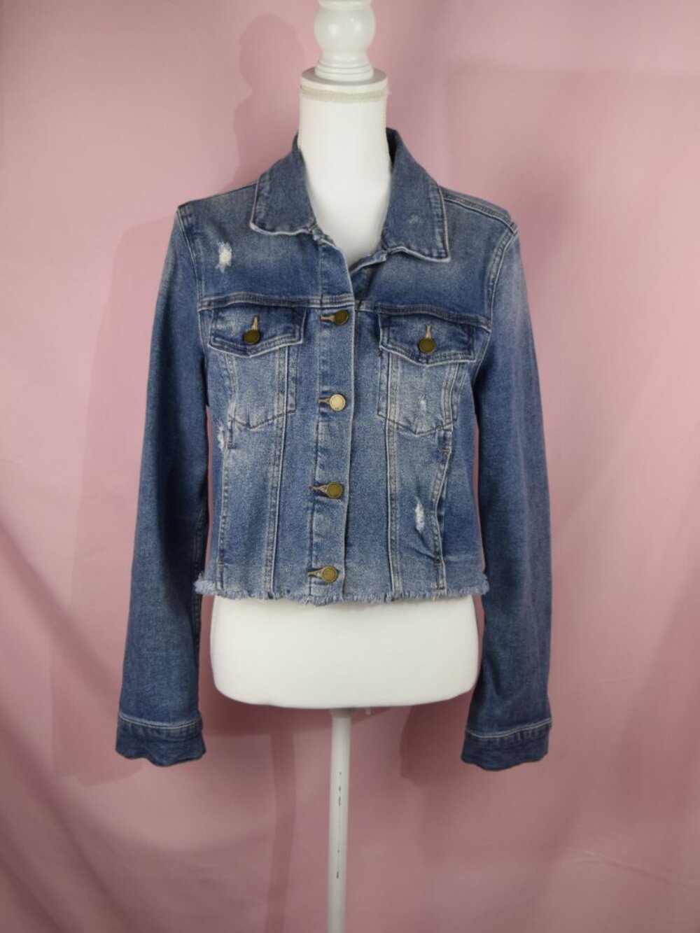 Just Black Denim Distressed Cropped Raw Hem Jean Jacket | Size L